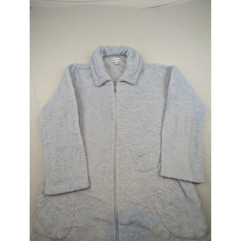 Miss Elaine Womens Blue Fleece Hooded Full Zip Long Robe Floral Embossed Small